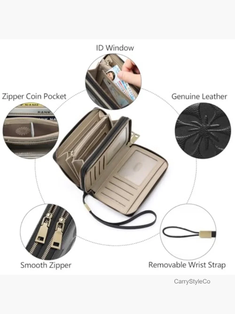 Double Zip Around RFID Wristlet Wallet Medium Size Leather